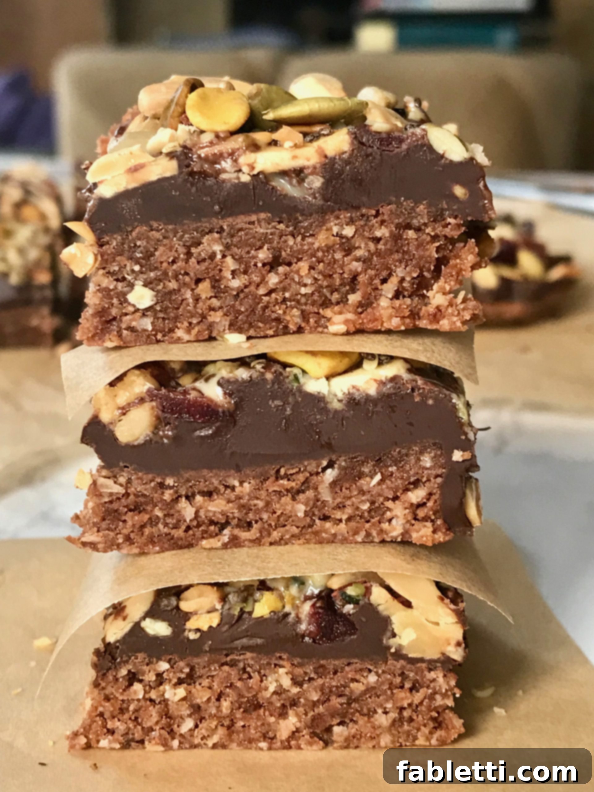 Energy-Packed Chocolate Oat Bars 2 Stack of healthy chocolate oatmeal trail bars with a crumbly bottom, rich chocolate layer, and a vibrant trail mix topping.