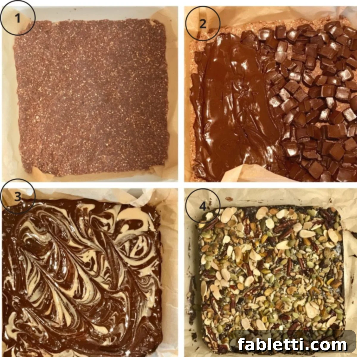 Energy-Packed Chocolate Oat Bars 6 Visual steps for assembling the chocolate oatmeal trail bars: 1: baked oatmeal base. 2: melted chocolate spread. 3: tahini swirl. 4: sprinkled with toasted nuts, seeds, and dried fruit.