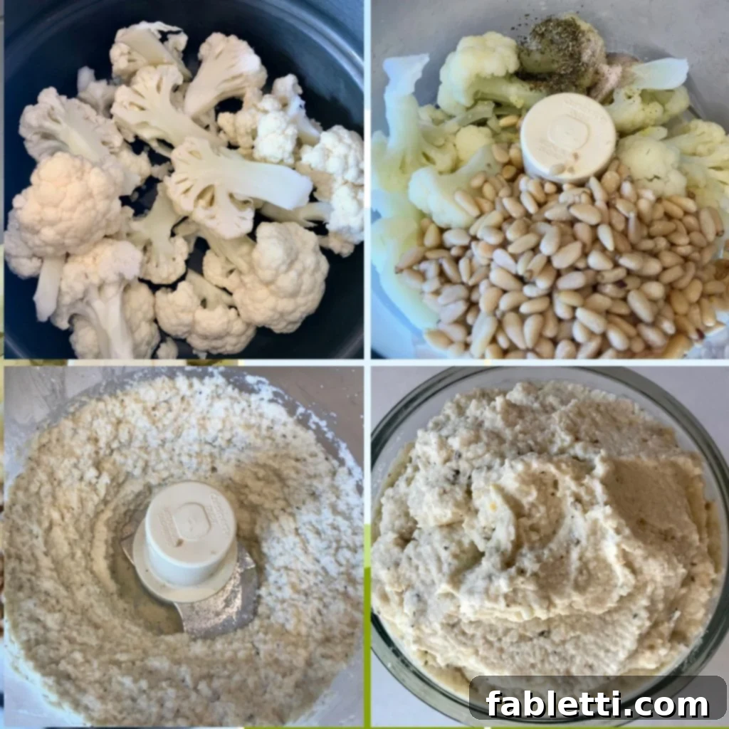 Pillowy Vegan Pizza Muffins with Ricotta Swirl 6 Ingredients for vegan ricotta: steamed cauliflower florets and pine nuts in a bowl, ready to be blended.