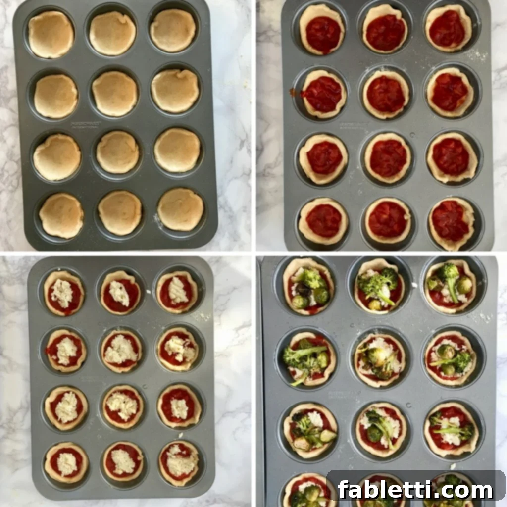 Pillowy Vegan Pizza Muffins with Ricotta Swirl 7 Step-by-step assembly of vegan ricotta pizza muffins in a muffin tin: dough cups lined, topped with tomato sauce, vegan ricotta, and assorted vegetables.