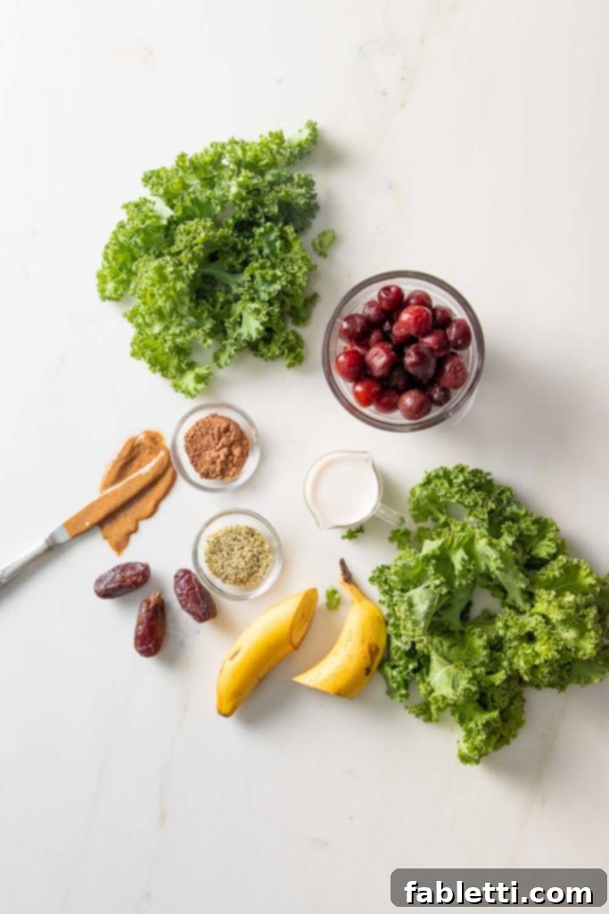 The Green Lifeline: Reclaim Your Health with Leafy Power 5 Greens, banana, dates, cherries, almond butter