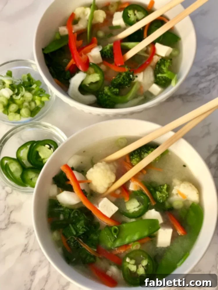 Effortless Garden Vegetable Miso 6 Miso soup with tofu and chunky vegetables.