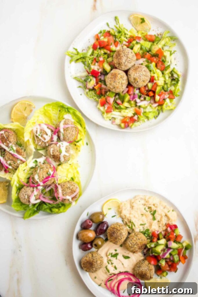 Deliciously Healthy Baked Falafel 19 A trio of plates showcasing different serving suggestions for falafel. The top plate features falafel with shredded lettuce and Israeli cucumber and tomato salad. The middle plate displays falafel nestled in lettuce cups with pickled red onions and a tahini drizzle. The bottom plate presents a vibrant spread of hummus, baba ganoush, olives, Israeli salad, and pickled red onions, inviting customization.