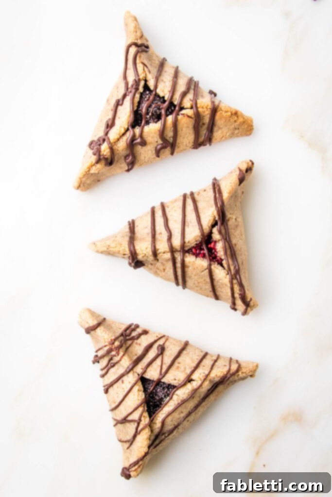 Three hamentashen cookies all drizzled with chocolate. two have poppy seed filling, one is filled with raspberry jam.