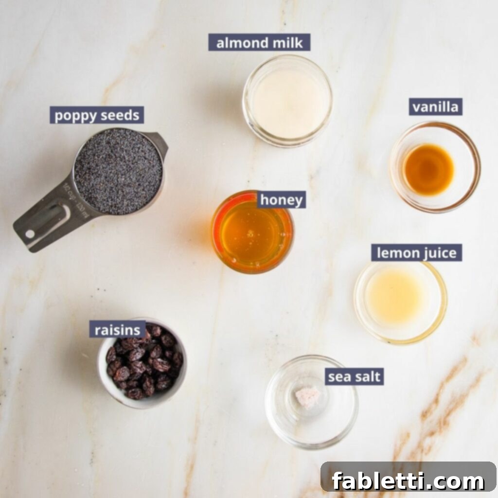 Poppy seed filling for hamantaschen cookies labeled ingredients: poppy seeds, raisins, almond milk, honey, vanilla extract, lemon juice, sea salt.