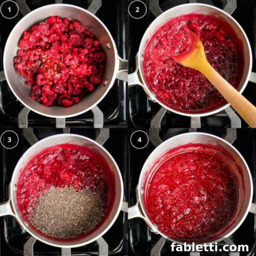4 photos of making raspberry chia jam on the stove top. step by step.