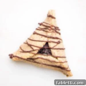 Poppy seed filled hamantaschen with chocolate drizzles across it, on a white background.