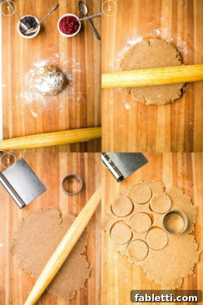 4 photos showing how to roll hamantaschen dough out into ¼" thickness and then to use cookie cutters to make circles in the dough.