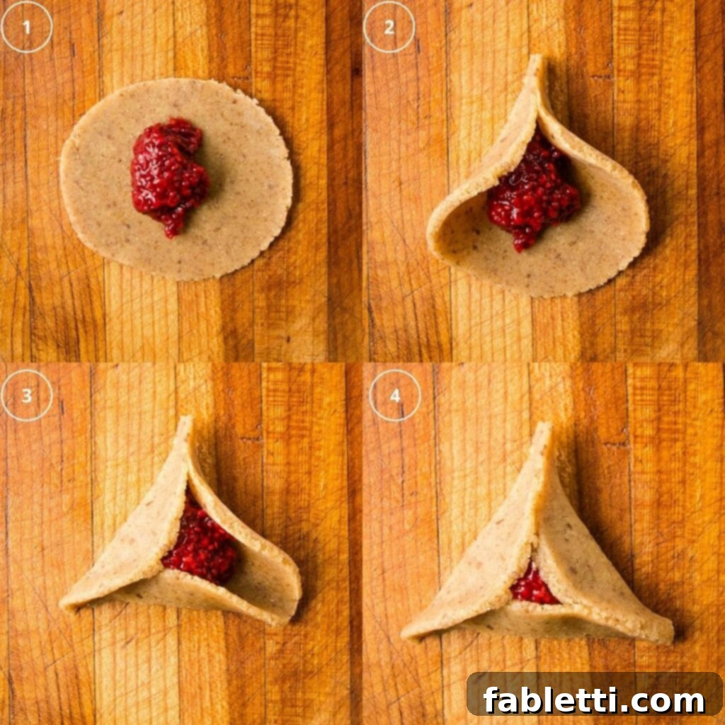 4 photos showing how to fill and fold hamentashen. 1: circle of dough with a teaspoon of raspberry jam. 2: top corner pinched. 3: bottom left corner also formed. 4: triangle cookie complete.