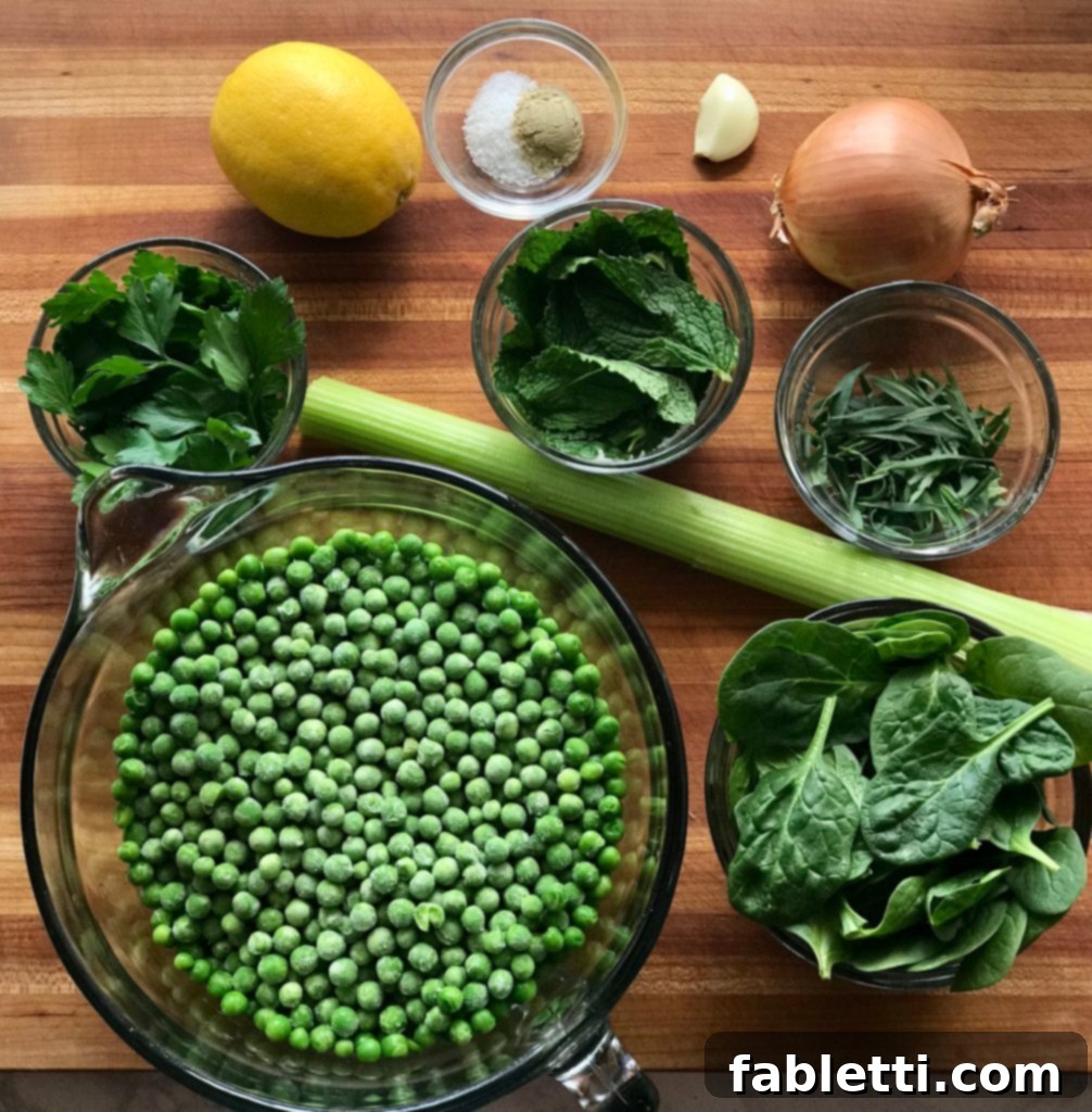 Fresh herbs like tarragon, mint, and parsley alongside peas, lemon, and celery, key ingredients for Spring Greens Soup.