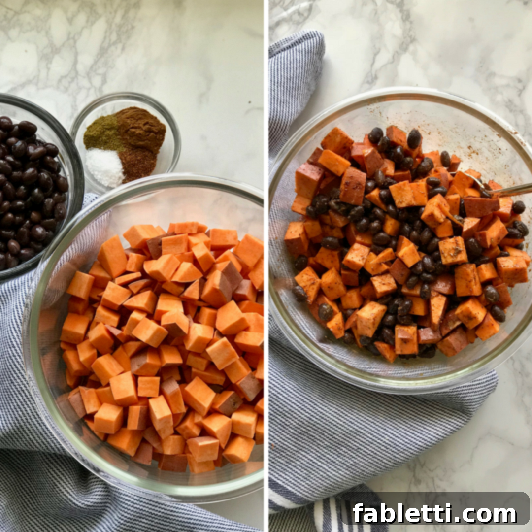 Plant-Powered Enchilada Bowls 5 A selection of Vegan Enchilada Bowl ingredients, including roasted sweet potatoes and black beans seasoned with aromatic spices.