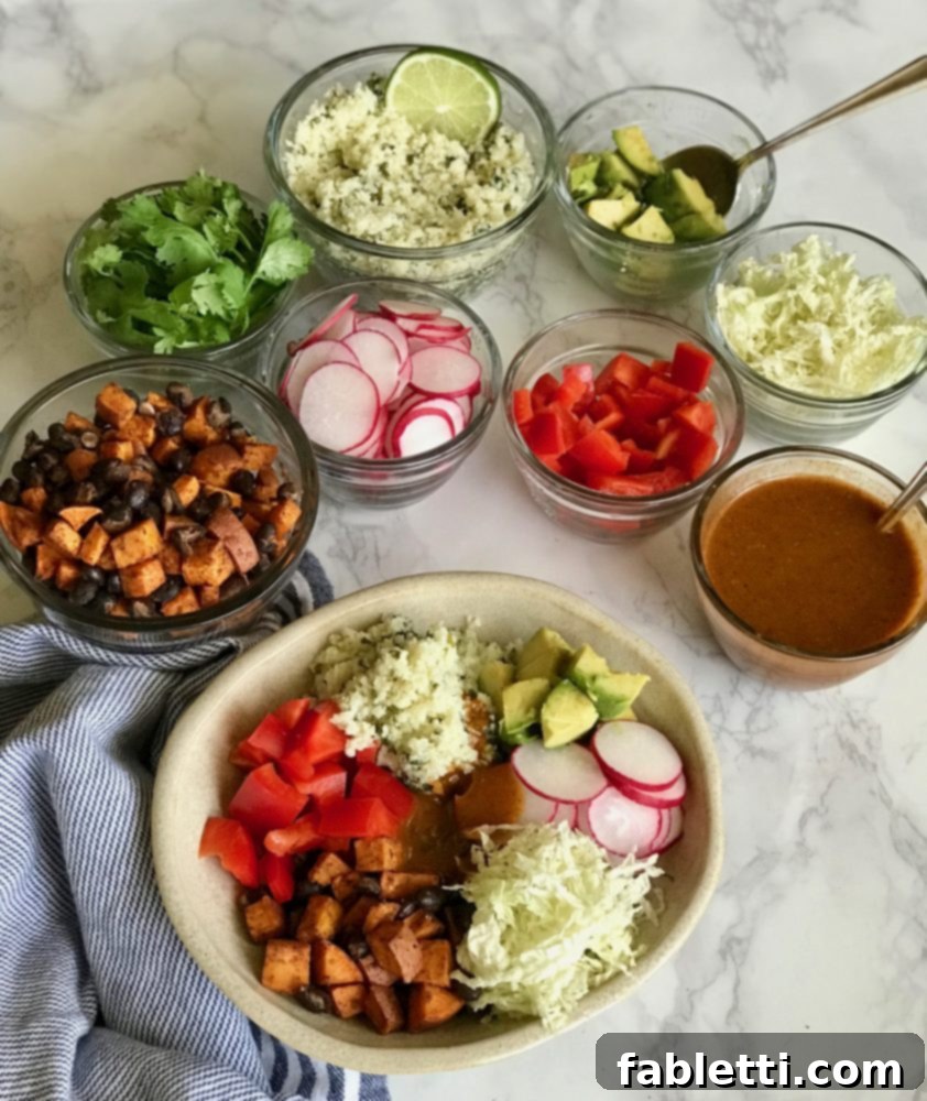Plant-Powered Enchilada Bowls 6 Several small bowls filled with colorful, fresh vegetables arranged for a build-your-own vegan enchilada bowl experience, showcasing the variety of healthy toppings available.