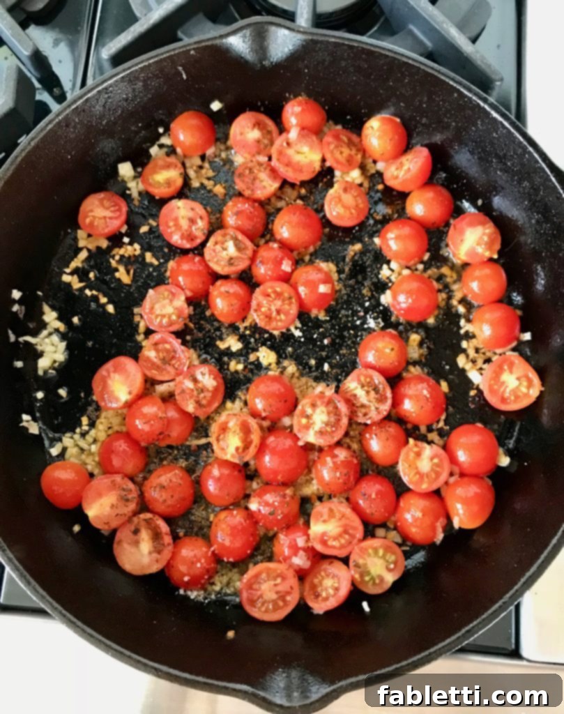Seasonal tomatoes sauteed in olive oil with shallots and garlic to bring out their flavor.