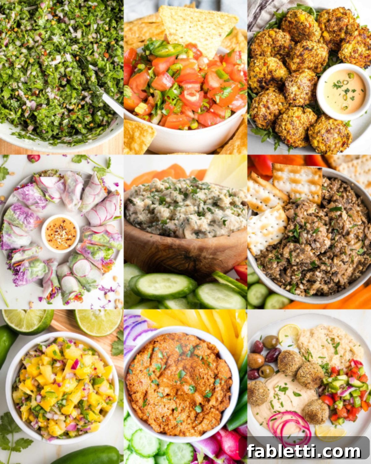 Red, White & Wholesome: 2025 Fourth of July Recipes 3 Colorful photo collage with healthy appetizer recipe photos including mango salsa, spring rolls, dips, artichoke crab cakes and mediterranean dips.