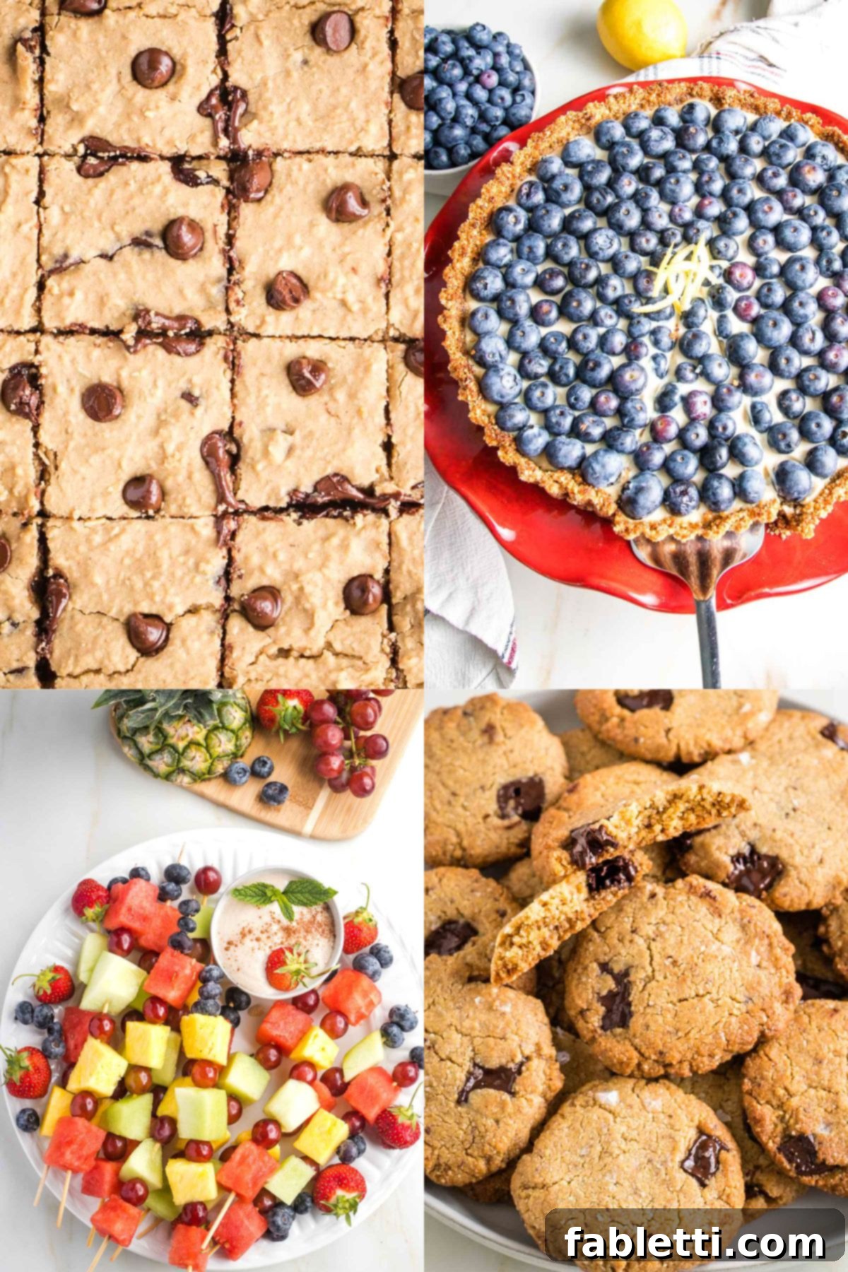Red, White & Wholesome: 2025 Fourth of July Recipes 4 Collage with blondies, blueberry tart, fruit kebobs and chocolate chip cookies.