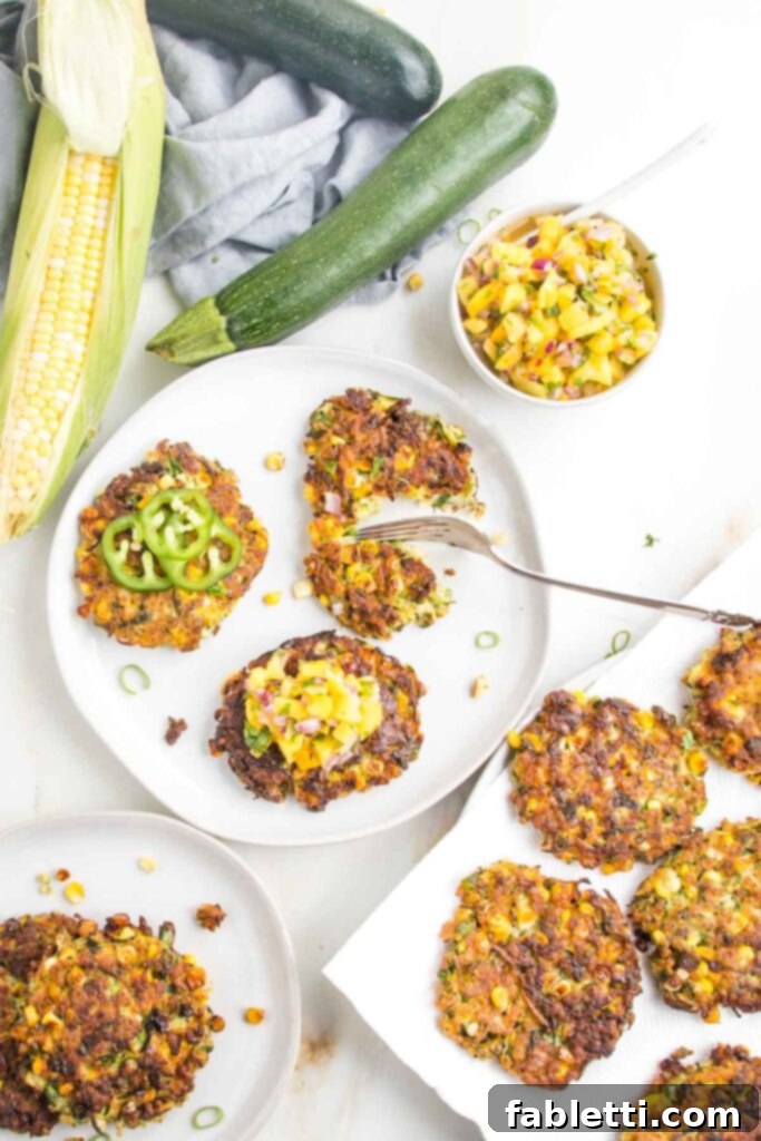Crispy Zucchini Corn Patties 2 A plate featuring three golden-brown zucchini corn fritters. One is topped with sliced jalapeños, another with a vibrant mango salsa, and the third is being enjoyed with a fork. In the background, fresh corn on the cob, whole zucchinis, and more fritters create a beautiful summer scene.
