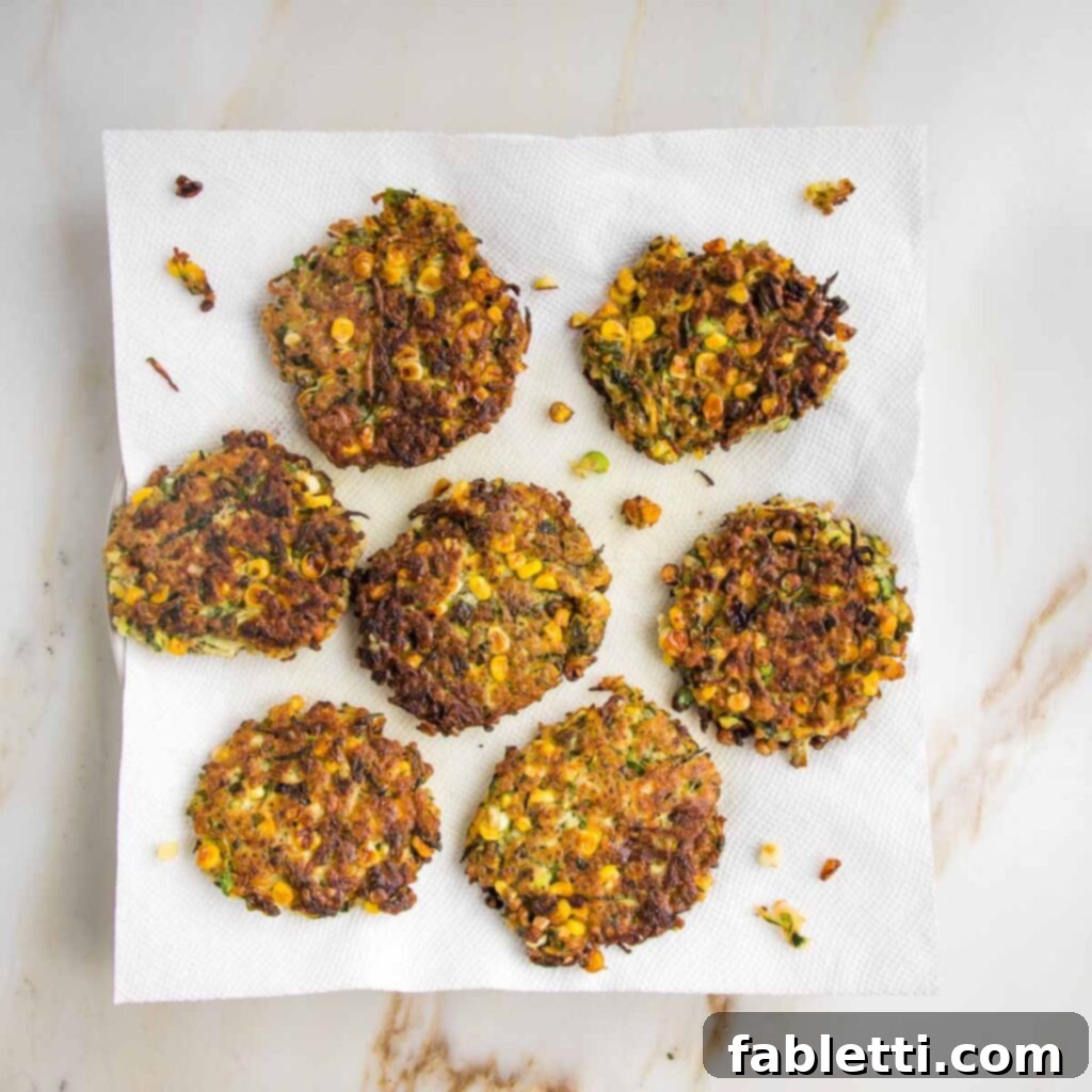 Crispy Zucchini Corn Patties 13 A stack of freshly cooked, crispy zucchini and corn fritters draining on a paper towel-lined plate, ready to be served.