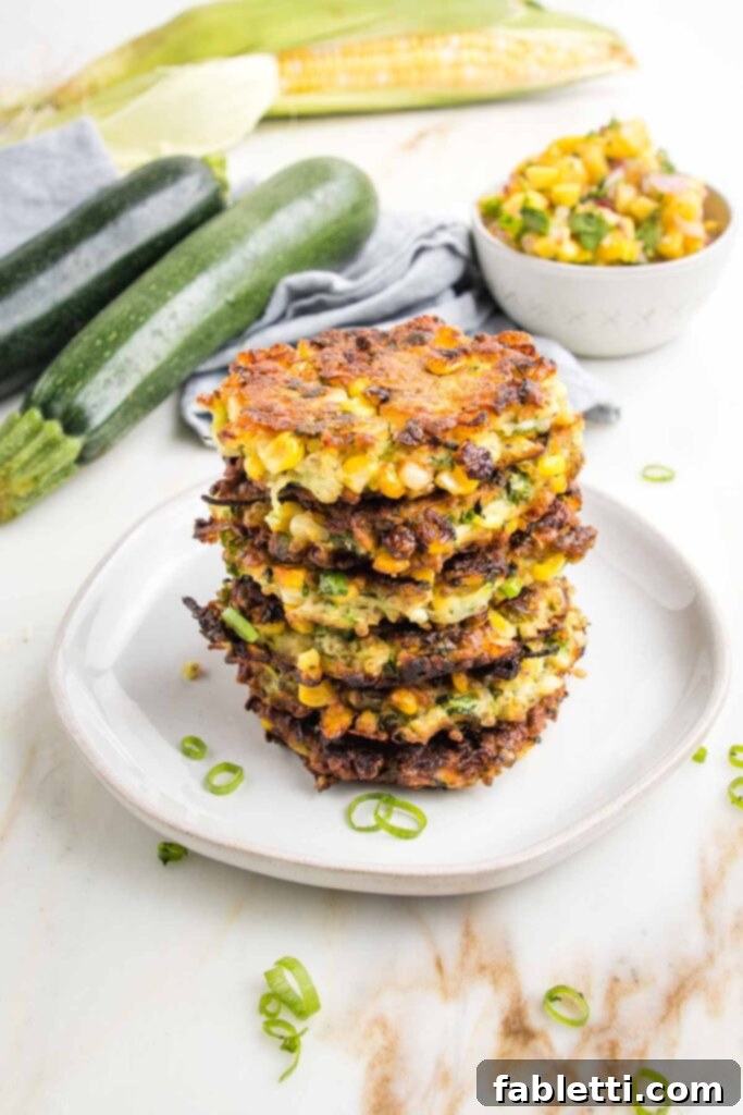 Crispy Zucchini Corn Patties 14 A charming stack of sweet corn fritters, beautifully golden and inviting, with a bowl of vibrant pineapple mango salsa in the background. Fresh zucchini and an ear of sweet corn are also visible, completing a picturesque summer food scene.