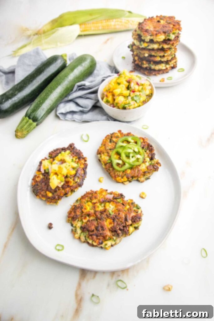 Crispy Zucchini Corn Patties 3 A beautifully arranged plate featuring three golden zucchini and corn fritters. A small bowl of vibrant mango salsa sits nearby, complemented by a stack of additional fritters, fresh zucchini, and a cob of corn in the background, highlighting the fresh ingredients.