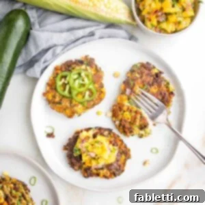 Crispy Zucchini Corn Patties 15 A small white plate showcasing three perfectly cooked Zucchini Corn Fritters. One is garnished with vibrant sliced jalapeños, another remains plain to highlight its golden crispiness, and the third is topped with a spoonful of fresh mango salsa, adding a burst of color and flavor.