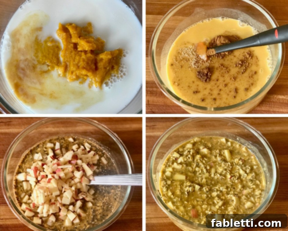 Simple process of mixing ingredients for Pumpkin Overnight Oats, ready to be refrigerated.