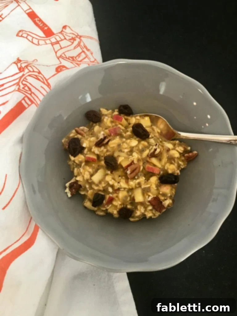 Close-up of nutrient-dense Pumpkin Overnight Oats, highlighting its healthy and satisfying qualities for a morning meal.