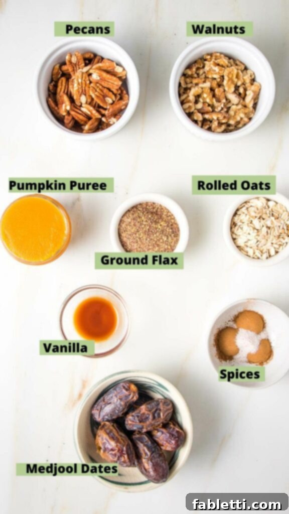 Pumpkin Spice Truffles 3 A collage of labeled photos showcasing the ingredients for pumpkin energy balls: Walnuts, Pecans, Pumpkin Puree, Ground Flax, Rolled Oats, Vanilla Extract, Dates, and Spices.