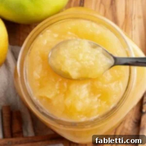 Spoonful of homemade applesauce on a jar of chunky applesauce.
