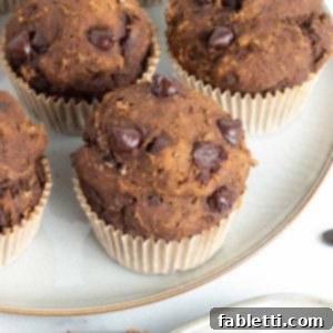 Decadent Vegan Double Chocolate Flax Muffins 15 Close-up of a perfectly baked double chocolate chocolate chip muffin, ready to eat.