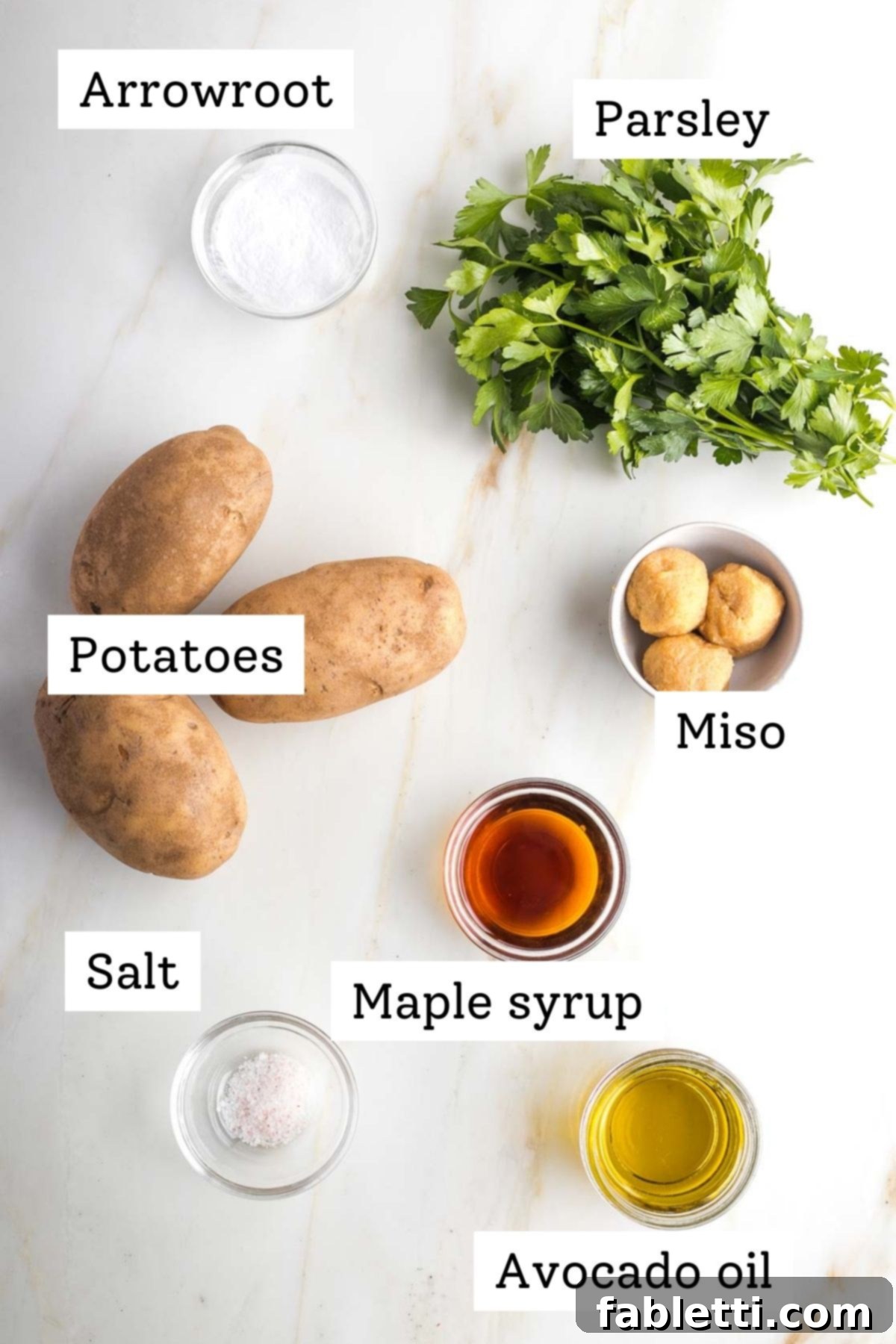 Golden Miso Crunch Potatoes 3 Labeled ingredients: potatoes, arrowroot, fresh parsley, miso, maple syrup, salt, avocado oil.