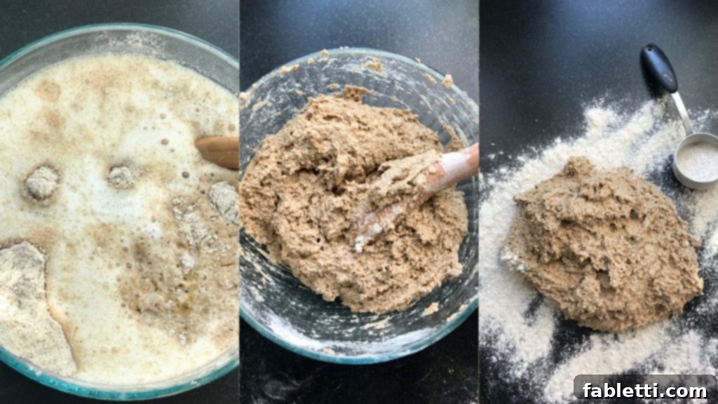 Wholesome Irish Brown Bread 4 A series of three images showing the step-by-step process of mixing and shaping Irish soda bread dough.