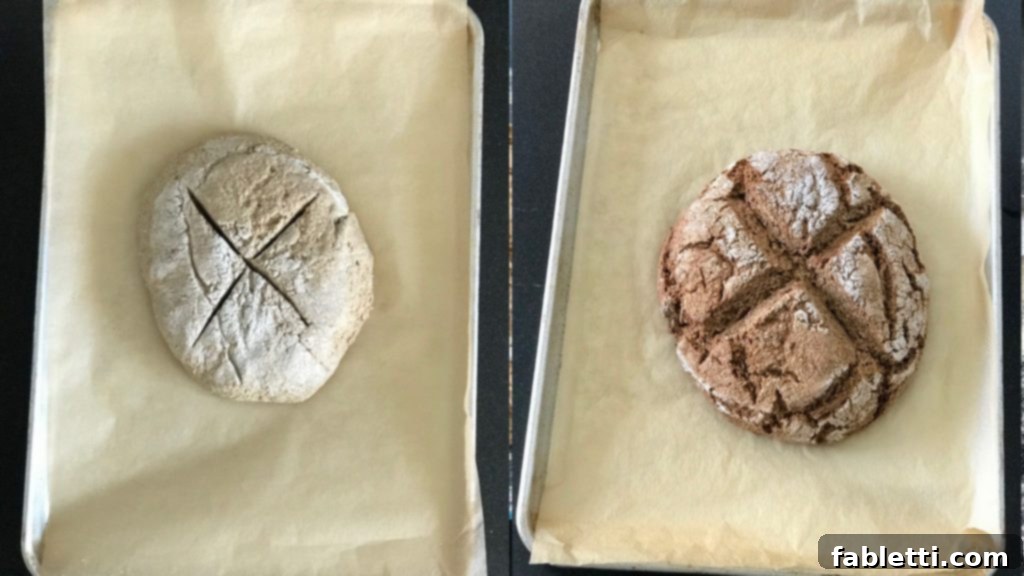 Wholesome Irish Brown Bread 5 Before and after comparison of Irish soda bread dough, transforming from a raw dough ball to a golden, crusty baked loaf.