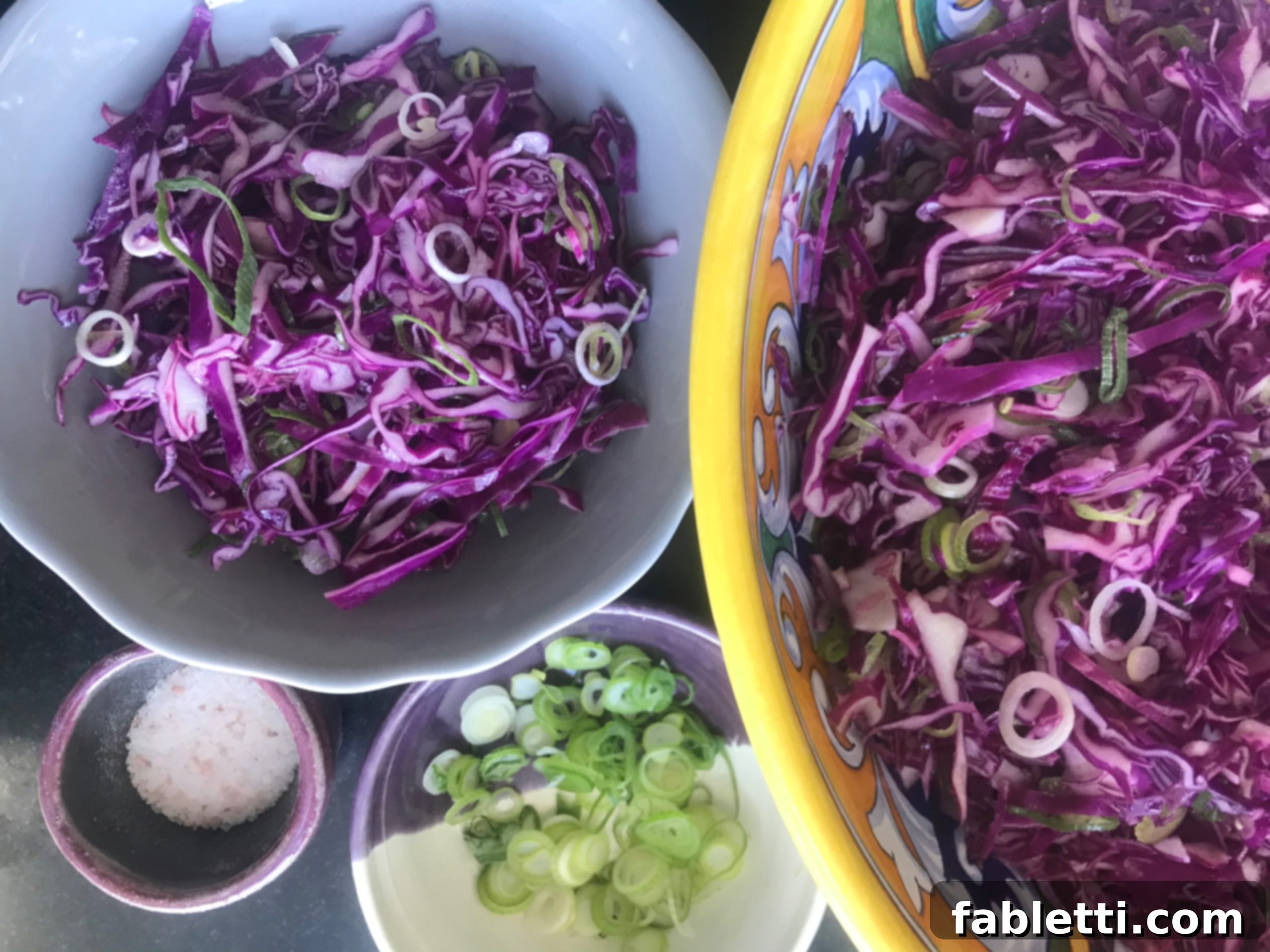Easy Cabbage Crunch 3 Chopped cabbage and scallions in a big bowl and a smaller one.