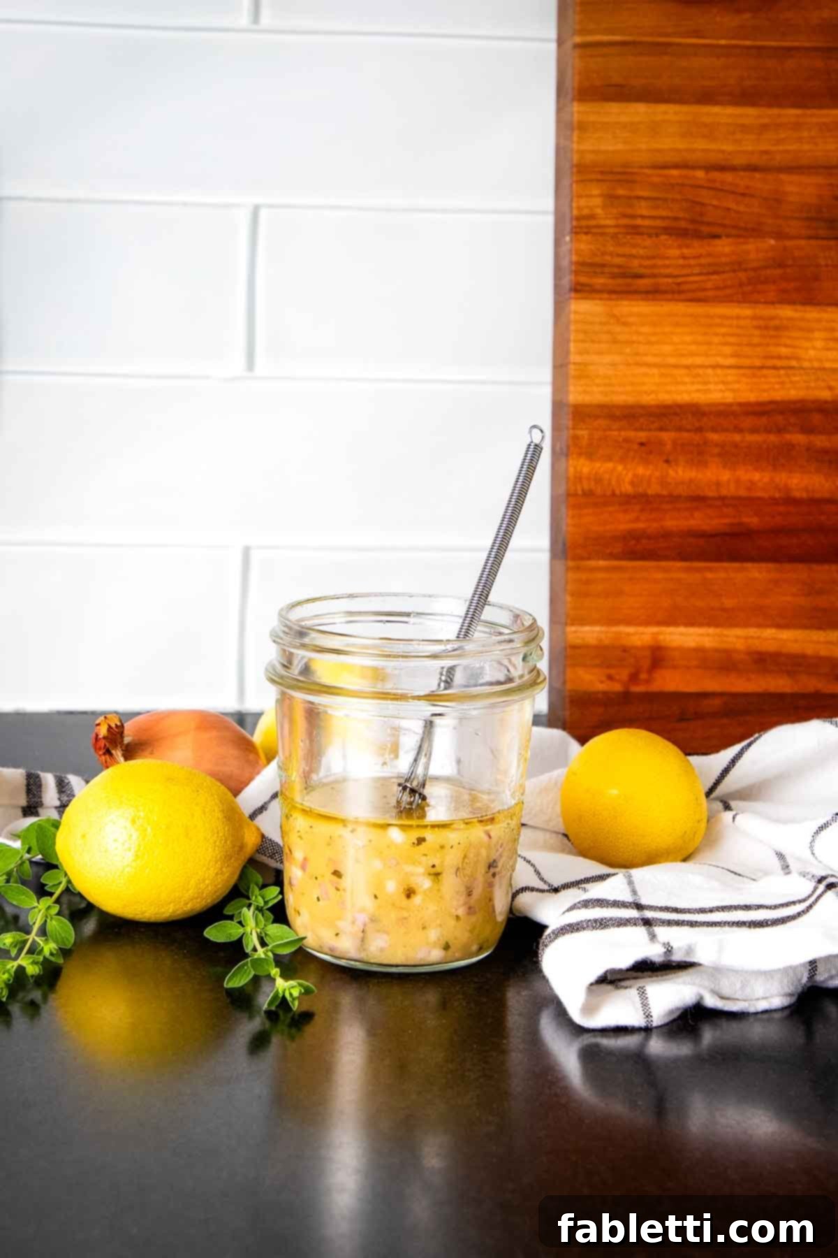 Effortless Everyday Salad Dressing 4 A beautifully set scene with a jar of yellowish salad dressing, a whisk, fresh lemons, and sprigs of herbs on a kitchen counter, ready for mixing.