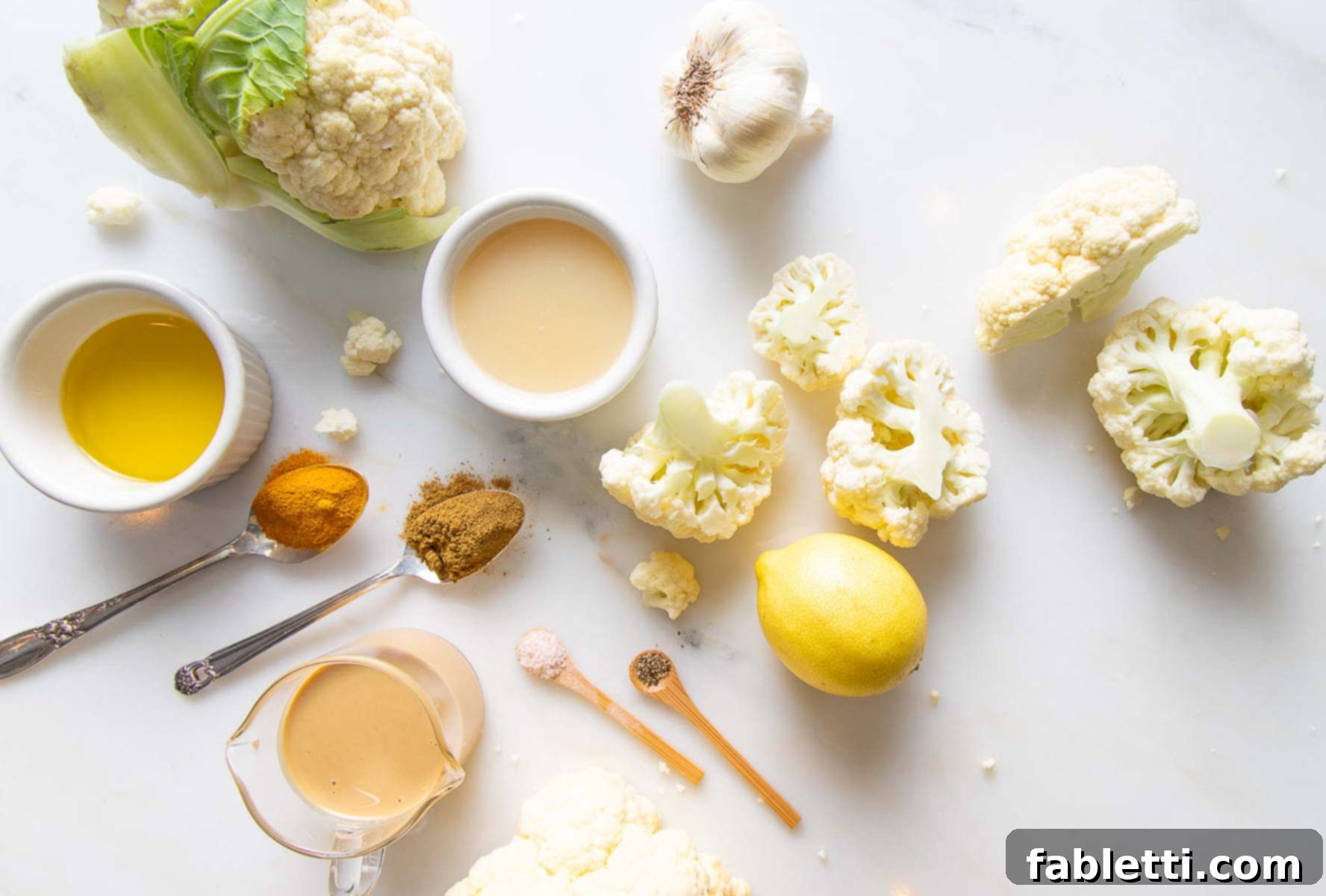 Smoky Roasted Cauliflower Hummus 4 Fresh ingredients laid out, including cauliflower, garlic, tahini, and lemon.