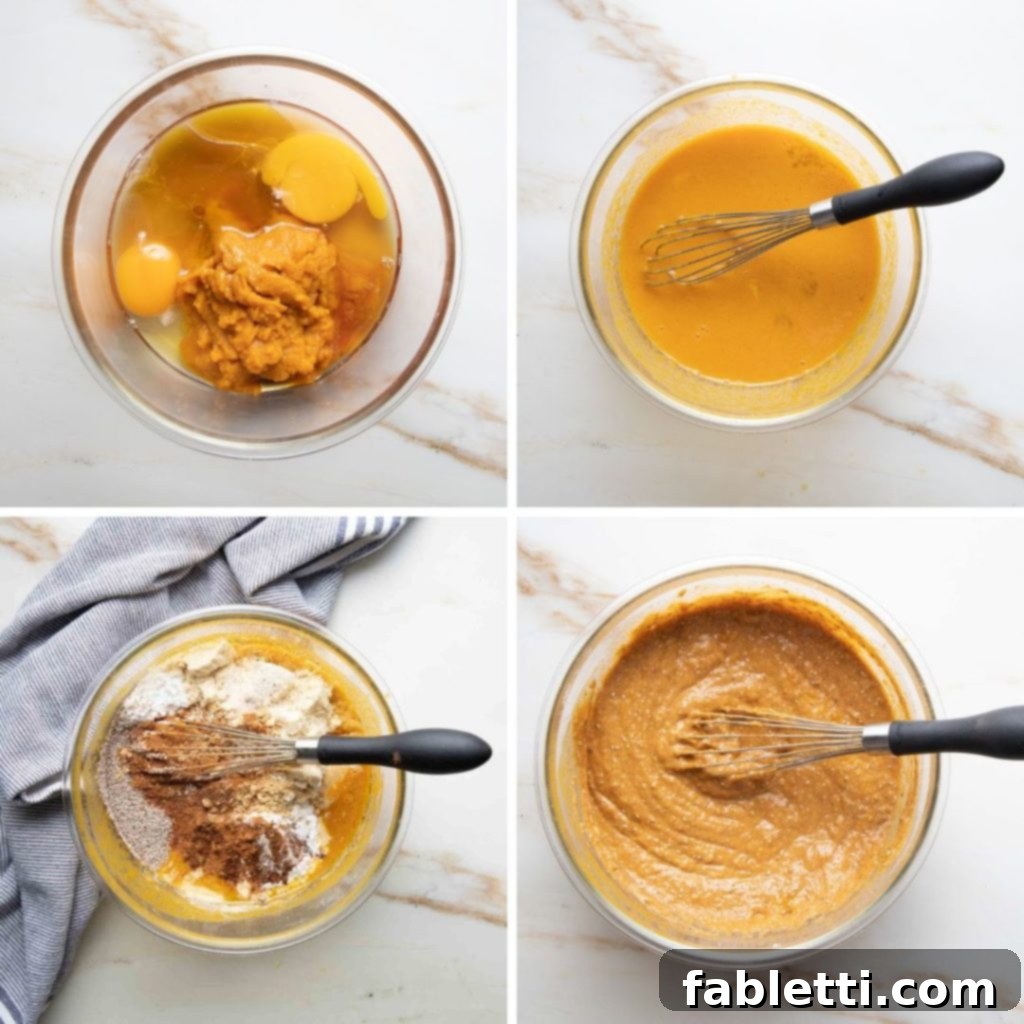 Gluten-Free Baked Pumpkin Spice Doughnuts 3 Ingredients for pumpkin donuts being mixed up in a bowl.