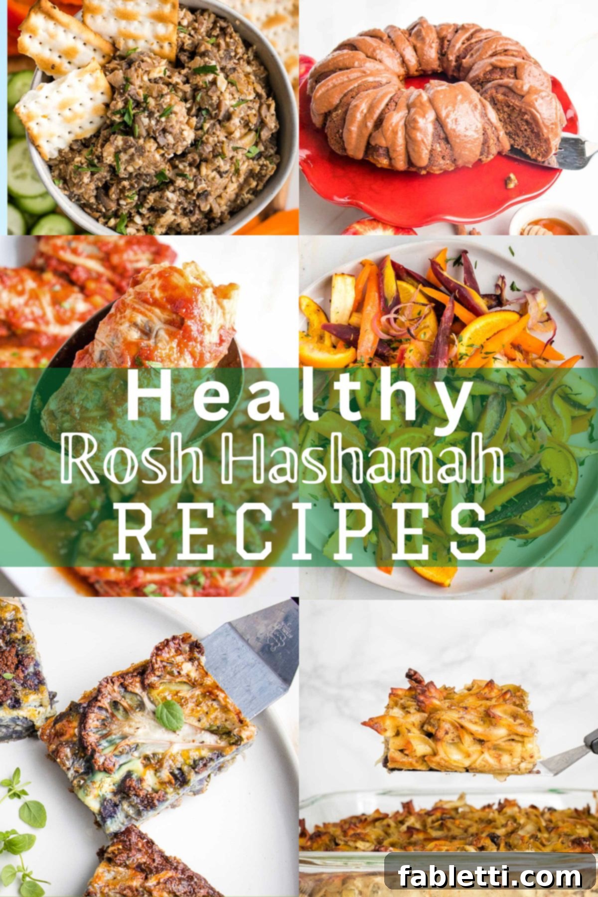 Nourishing Rosh Hashanah 2025 Recipes and Menu Inspiration 2 Healthy Rosh Hashanah Recipes written across a collage of food pics with apple cake, chopped liver, kugel, carrots and stuffed cabbage.