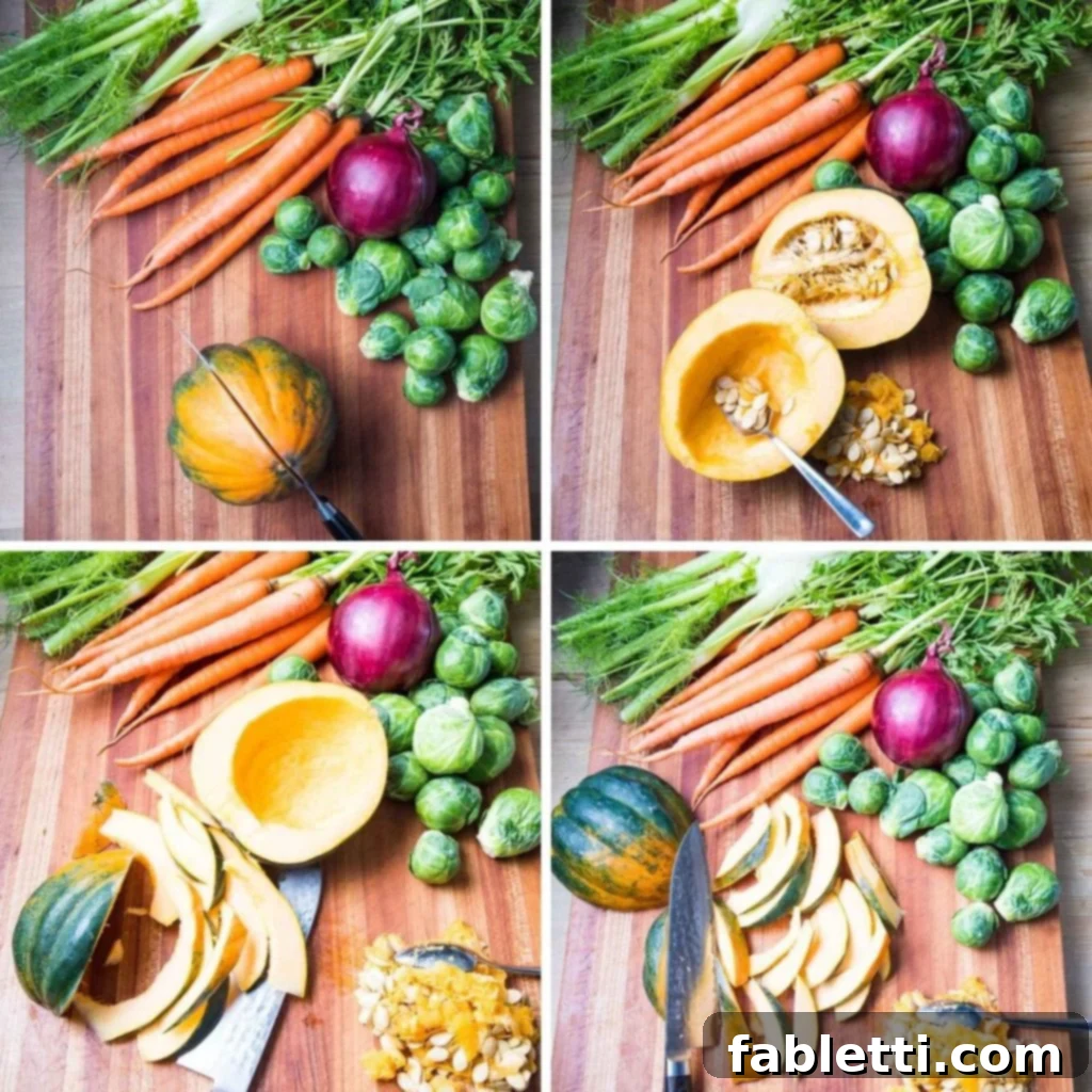 Step by Step Prepping acorn squash. Halve. Scoop out seeds. Slice.