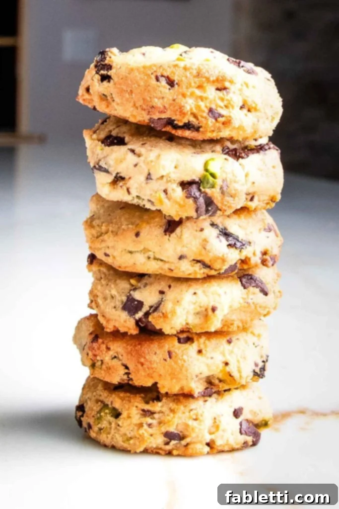 Guilt-Free Chocolate Chunk Bliss 2 Stack of chocolate chunk cookies with pistachios and dried cherries.
