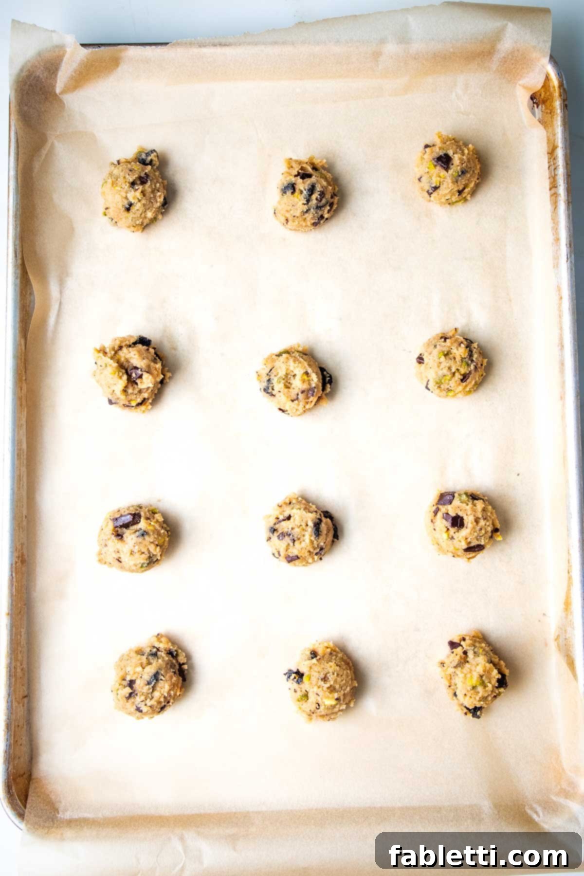 Guilt-Free Chocolate Chunk Bliss 9 Balls of chocolate chunk cookie dough on a parchment lined baking sheet.