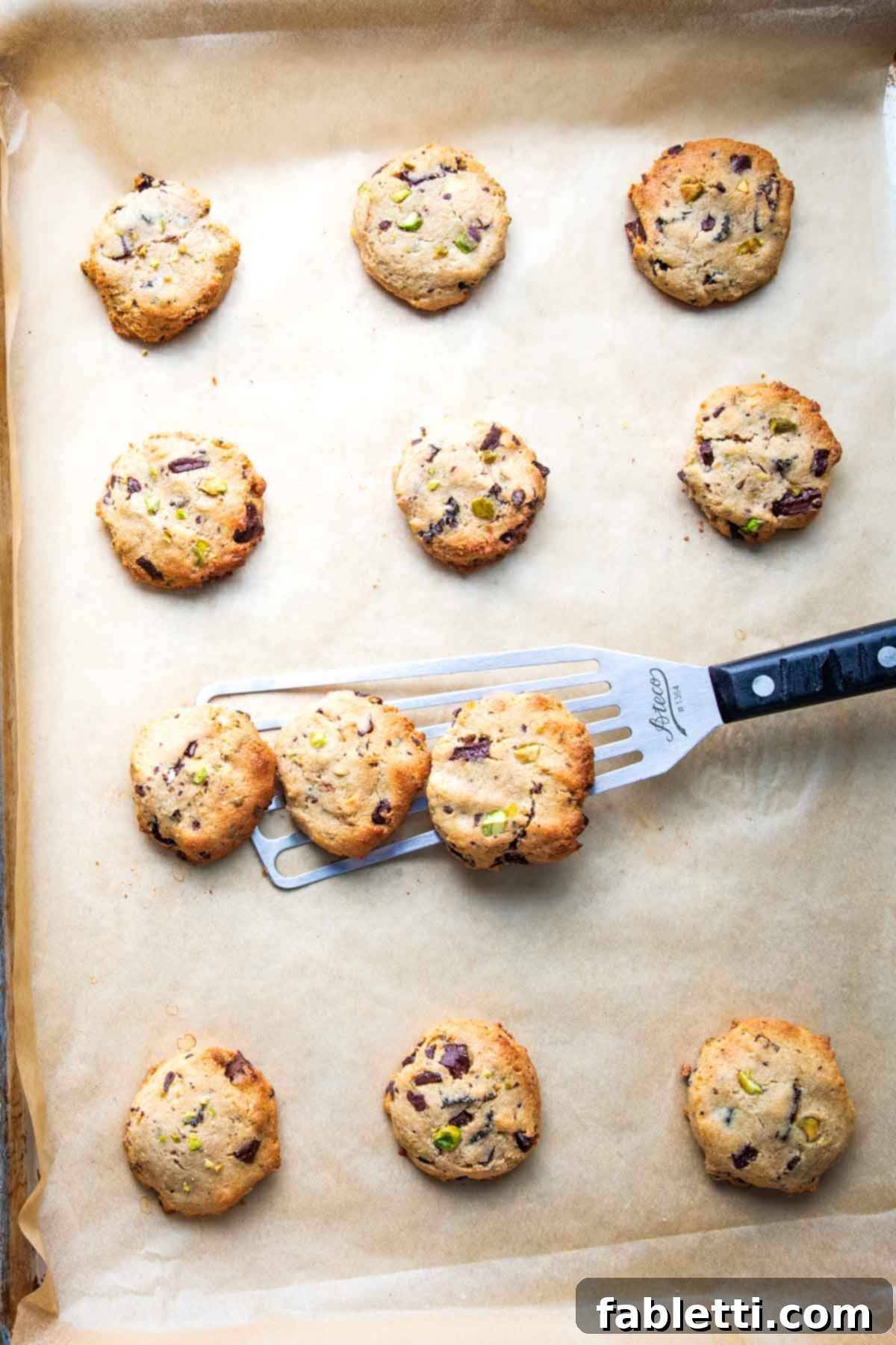 Guilt-Free Chocolate Chunk Bliss 10 Spatula removing a row of chocolate chunk cookies from a parchment lined baking sheet.