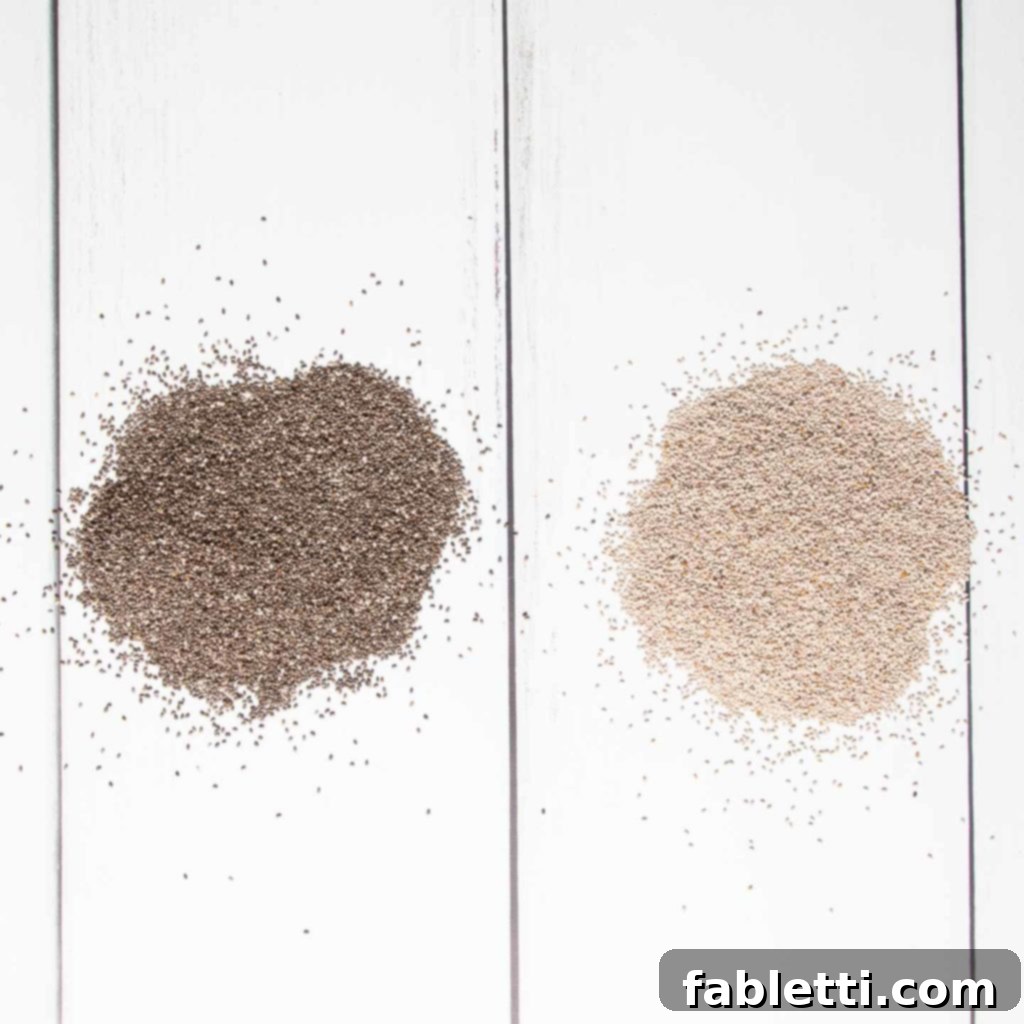 Creamy Vanilla Chia Pudding 4 Close-up of Black Chia Seeds and White Chia Seeds, inviting the reader to decide their preference.