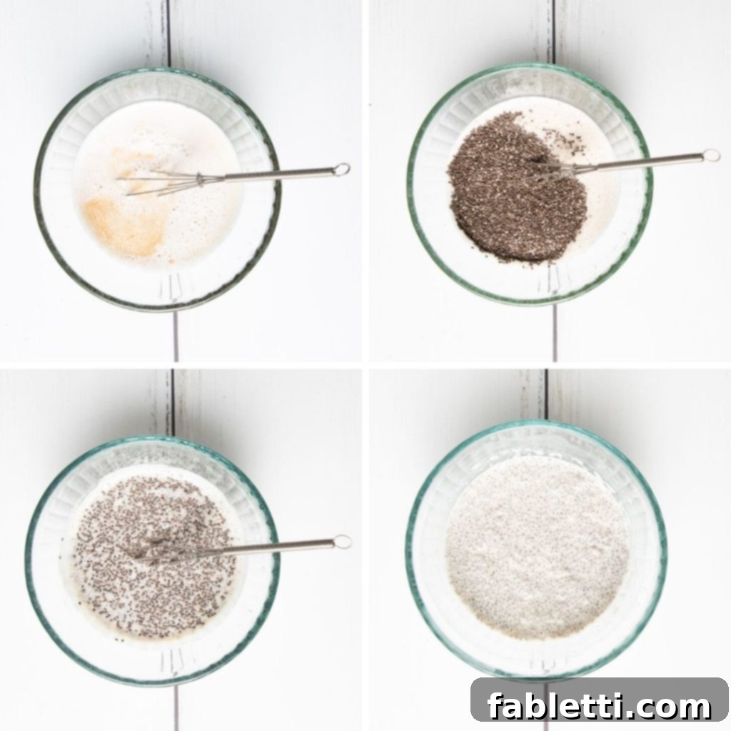 Creamy Vanilla Chia Pudding 6 Step by Step making chia pudding, illustrating the ease: Stir. Wait. Stir some more. Wait. Enjoy!