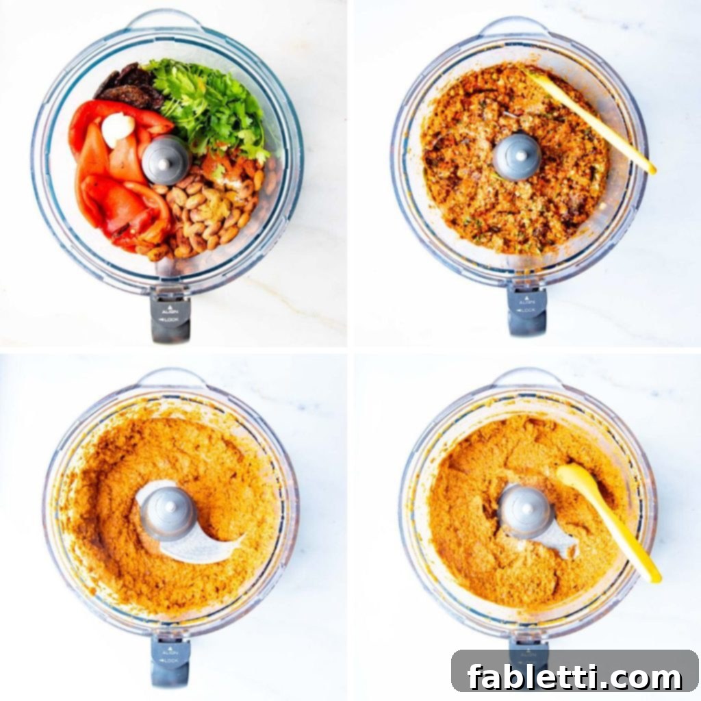 Vibrant Oil-Free Romesco 5 Step-by-step imagery showing ingredients being added to a food processor bowl, illustrating the ease of making romesco dip.