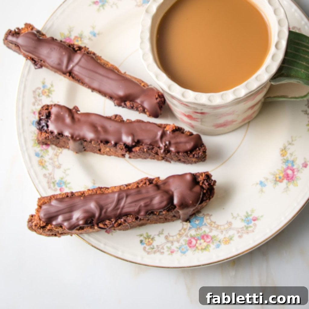 Plant-Based Biscotti Perfection 2 flowery china plate with three chocolate covered biscotti and a cup of coffee