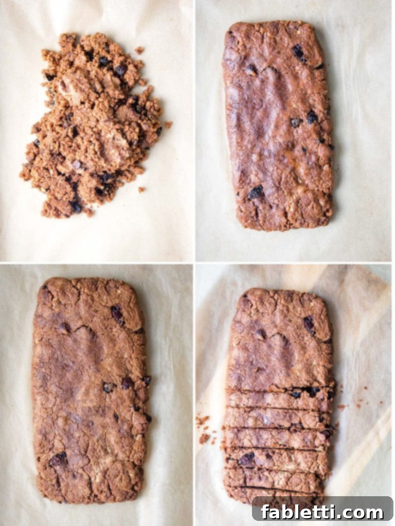 Plant-Based Biscotti Perfection 5 Steps to the first bake of biscotti: mound, form into a loaf, bake and slice.