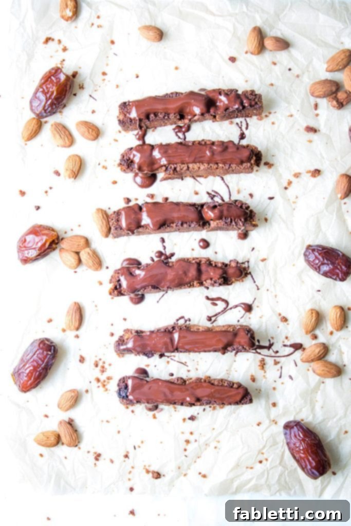 Plant-Based Biscotti Perfection 8 Dates, Almonds and chocolate covered biscott.