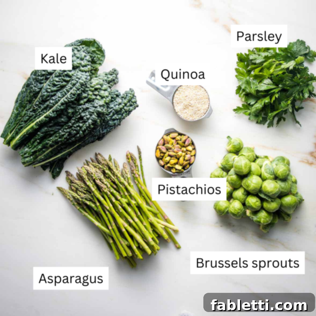 Golden Crisp Quinoa Salad with Silky Plant-Based Dressing 3 Labeled ingredients for the salad, including kale, asparagus, Brussels sprouts, parsley, pistachios, and quinoa.