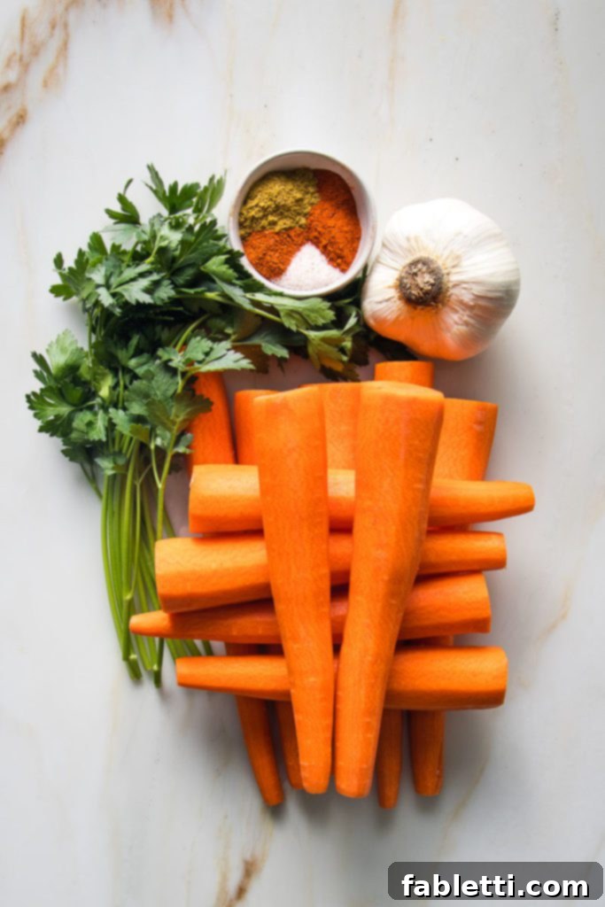 A stack of carrots, a bowl of spices, a bunch of fresh parsley and a head of garlic.
