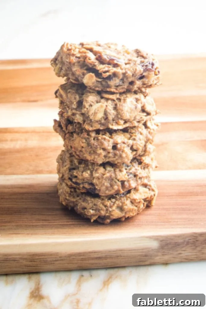 Speedy 15-Minute Oatmeal Raisin Delights 3 A perfectly stacked pile of freshly baked oatmeal raisin cookies, highlighting their inviting texture and golden hue.